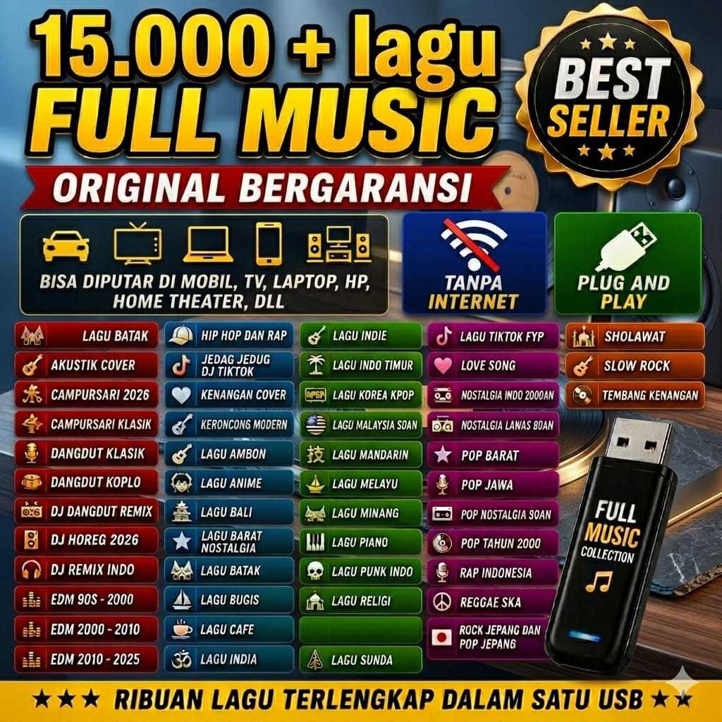 FLASHDISK 15.000 LAGU 64GB FULL MUSIK TINGGAL COLOK & PLAY  bergaransi lengkap isi bisa untuk audio 