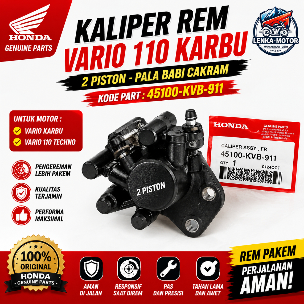 Kaliper Rem Depan Honda Vario 110 Karbu Techno 2 Piston 45100-KVB-911 Pala Babi Cakram Lenka Part Mo