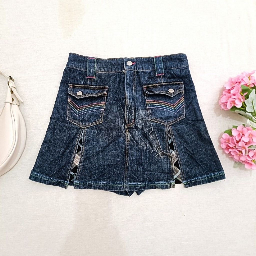 Rok Celana Denim Y2K Plaid Insert Rainbow Stitch Size 160