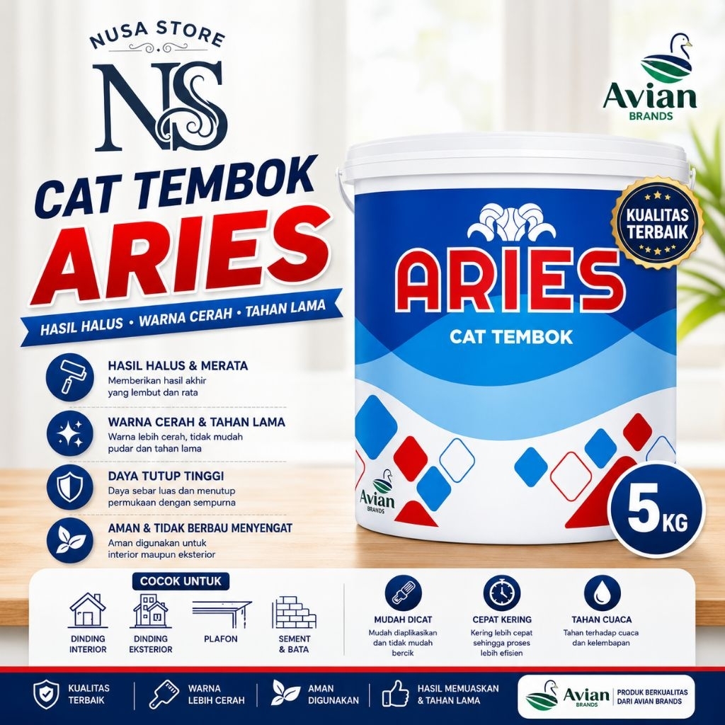 CAT TEMBOK DINDING ARIES AVIAN BRANDS 5KG / CAT TEMBOK MURAH BERKUALITAS / CAT DINDING ARIES