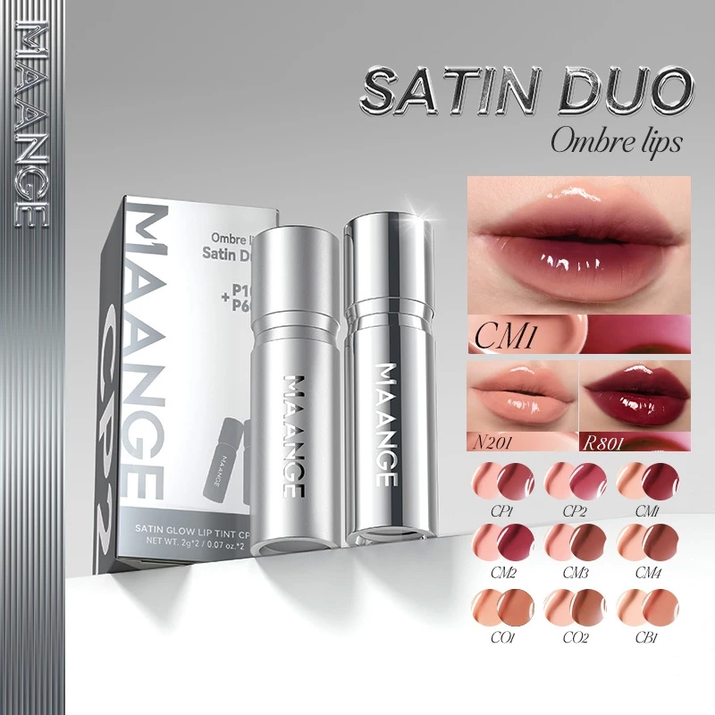 MAANGE OMBRE Lips Satin Glow Lip Tint Duo Kit Non-sticky Hydrating Lip Glossy Natural Tahan Lama