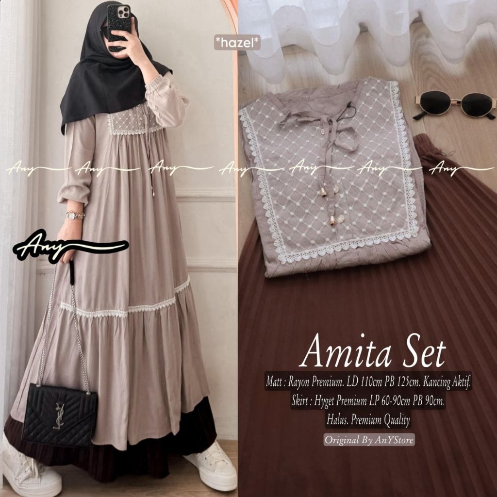 Amita set tunik mix rok plisket Ori By ANY | ld110