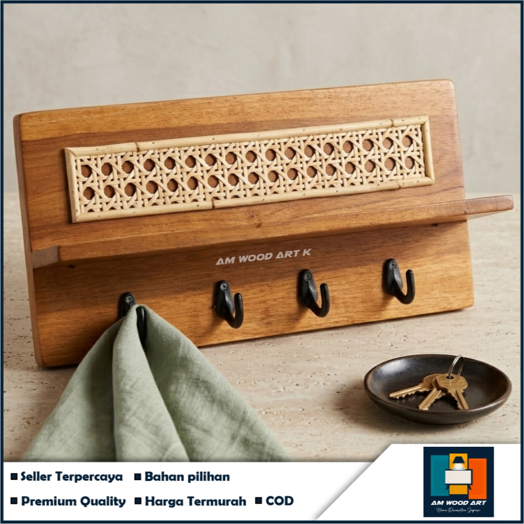 Kapstok & Gantungan Kunci Rotan Minimalis / Properti Rumah / Home Decor / Kayu Jati
