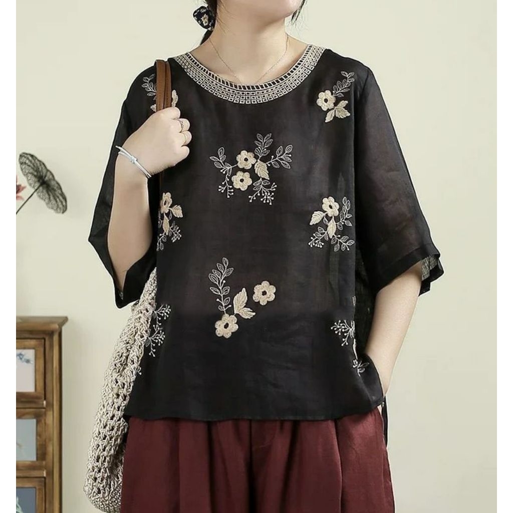 baju blouse wanita bahan katun linen motif bordir