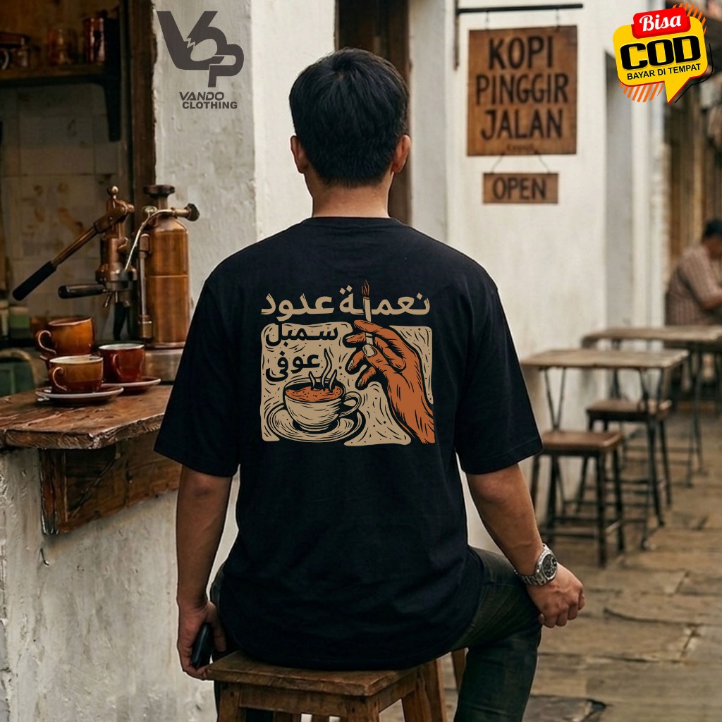Kaos Udud Karo Ngopi Hitam Premium - Baju Distro Pria Kata Kata Jawa Gambar Rokok Kopi Depan Belakan