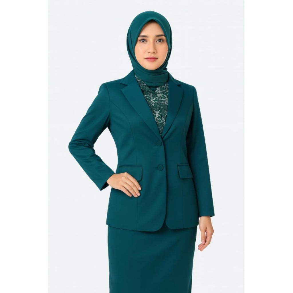 Baju Seragam Jas PKK Nasional Hijau Toska Free Hijab dan Pin Setelan Resmi PKK Formal Ready Size S M