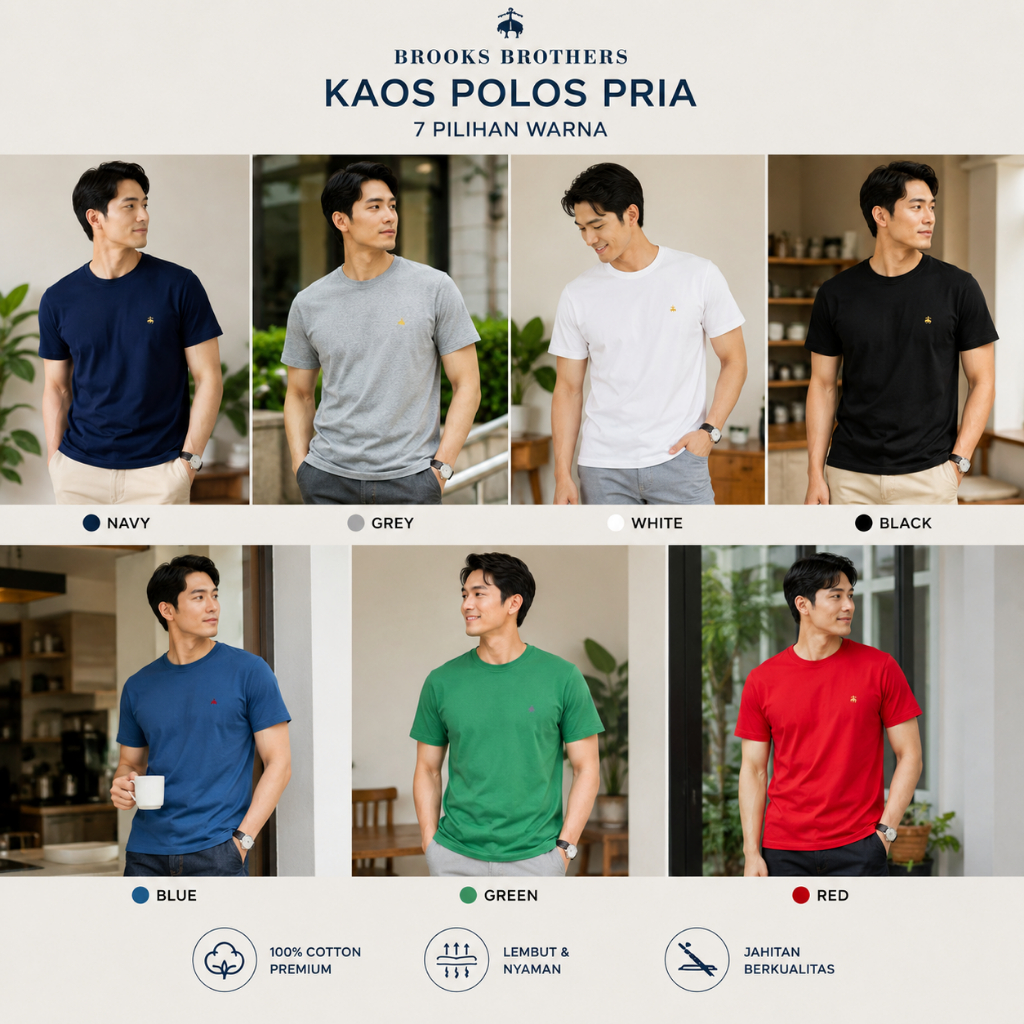 Atasan Kaos Polos Pria - Brooks Brothers - Cotton Short Sleeve T-Shirt Men’s - Crewneck Short Sleeve