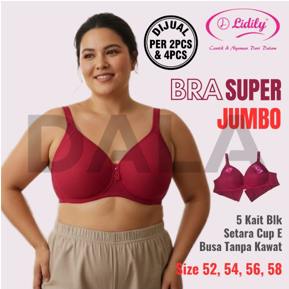 Lidily Bra BH Super Jumbo Cup E Busa Tanpa Kawat 5 Kait Size 52-58 Pkt 2/4 Pcs