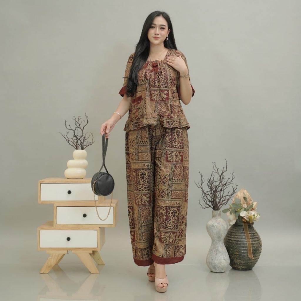ONE SET JEMMA Bahan Rayon Premium Fuji Karet Depan Celana Kulot