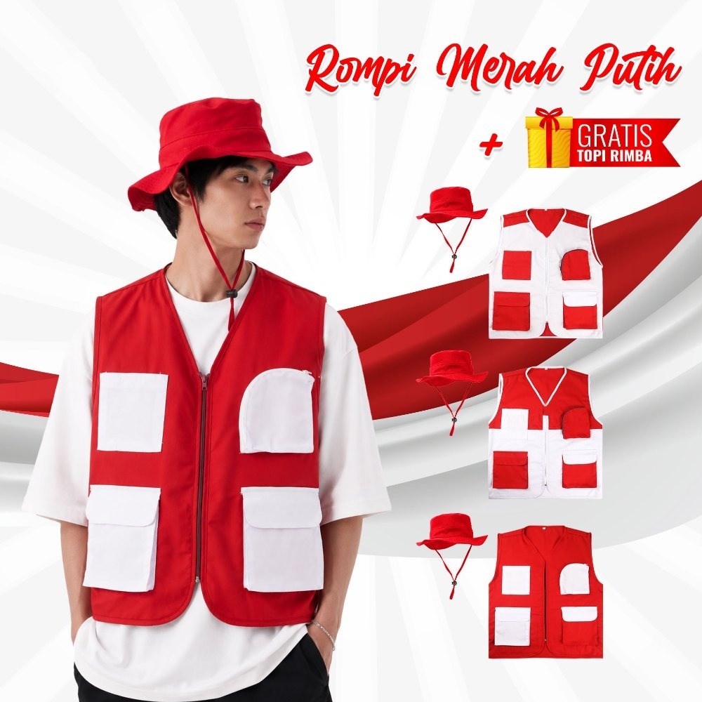 Rompi Merah Putih Dewasa Gratis Topi Rimba/Rompi Merah Putih Hut RI/Rompi Acara 17 Agustusan