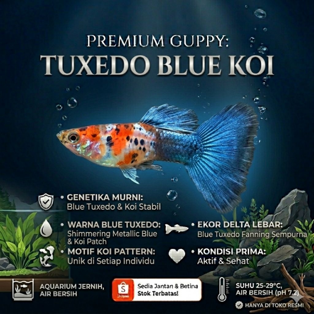 Hiasan Aquarium Guppy Tuxedo Blue Koi