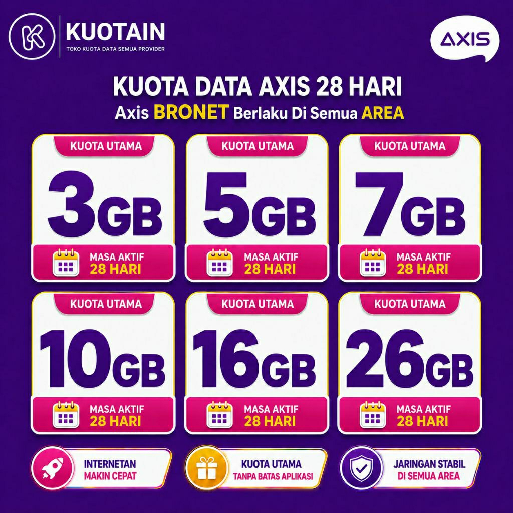 AXIS BRONET Kuota Internet Nasional 28 Hari All Network Kuota Utama Axis 1GB 3GB 5GB 7GB 10GB 16GB 2