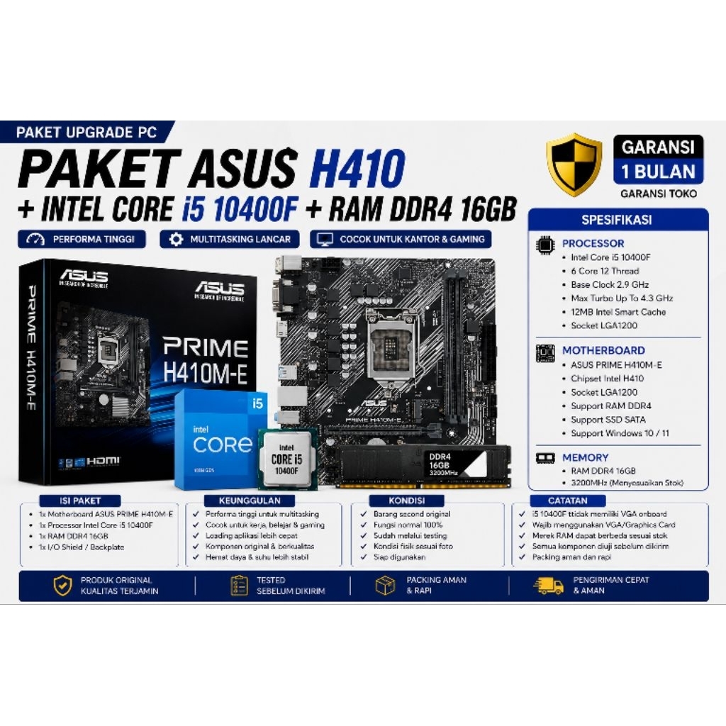 PAKET MOBO ASUS H410 + I5 10400F + RAM 16GB