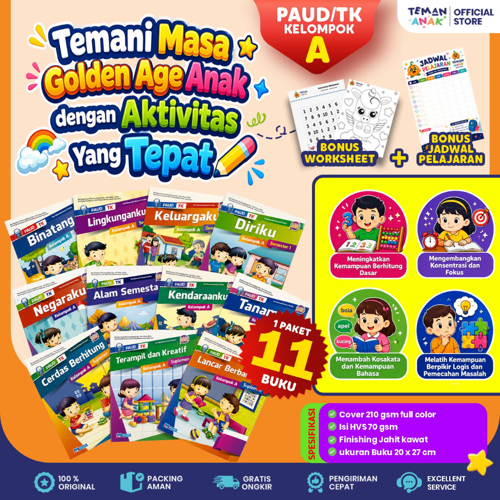 Paket 11 Buku Worksheet Anak TK A TK B Kelompok A & B Persiapan Sekolah Belajar Berhitung Bahasa & M