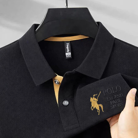 Kemeja polo hitam untuk pria kerah tegak lengan panjang kain premium logo kuda poni gaya klasik