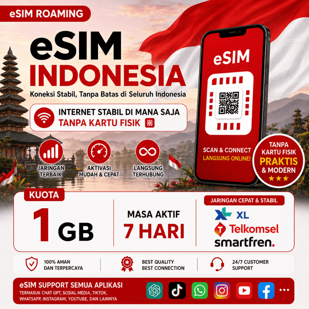 eSIM Roaming 1 GB 7 Hari | eSIM Roaming iPhone Inter Indonesia XL, TELKOMSEL, SMARTFREN