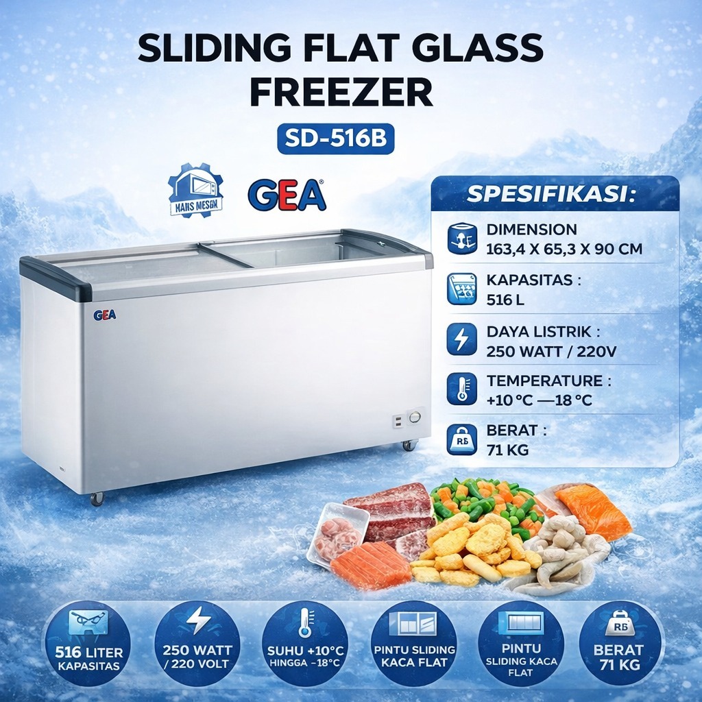 GEA FREEZER SLIDING KACA 516 LITER / FREEZER BOX SLIDING KACA GEA SD-516B