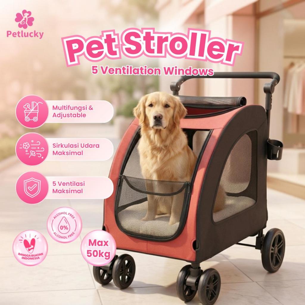 PetLucky 5 Ventilation Windows Big Size Dog Foldable Stroller Outdoor Trolley Anjing Besar Max 50kg 