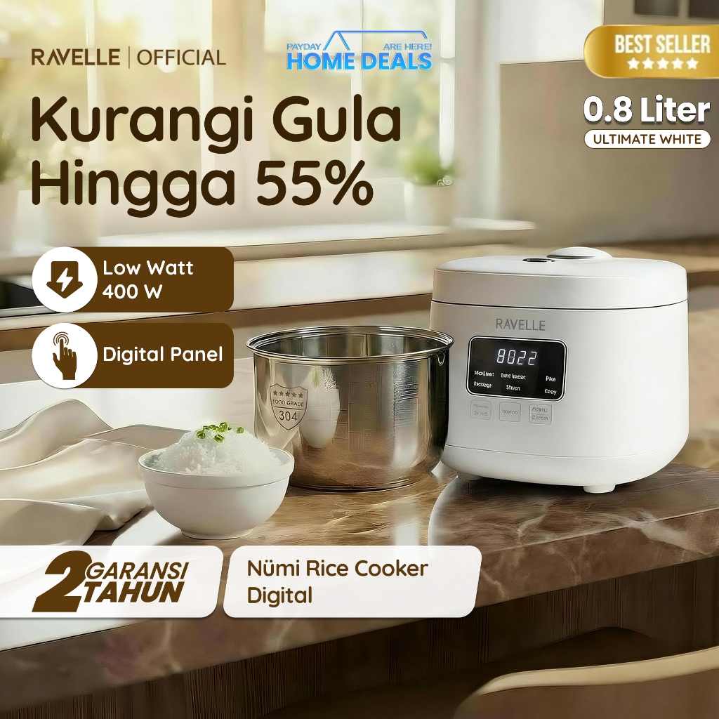 Ravelle NUMI Rice Cooker Digital Low Carbo 0.8 Liter Nasi (2 Liter) - Penanak Nasi Low Watt ( Stainl