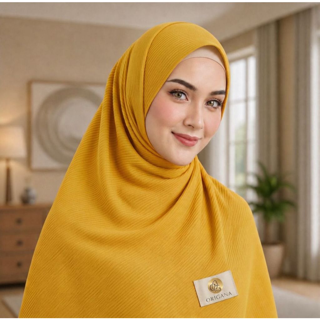 ORIGANA Hijab Pashmina Plisket Polos Warna Kuning Kunyit
