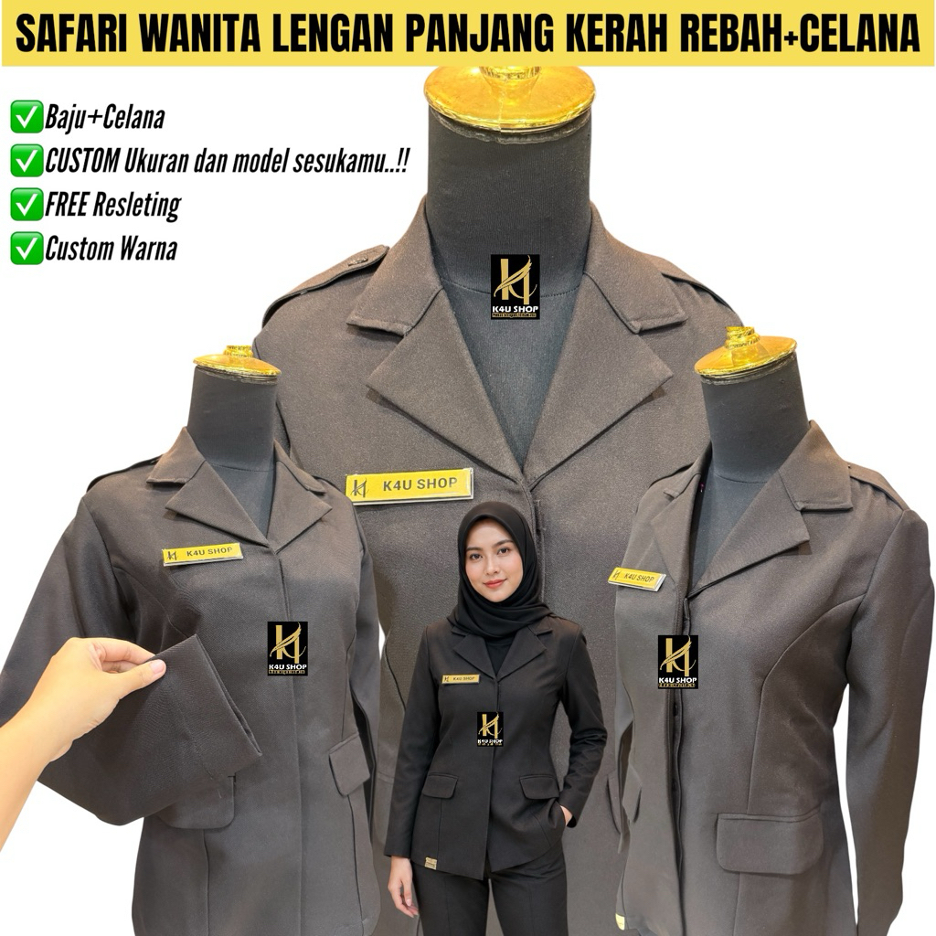 K4U SHOP Seragam Safari wanita Terbaru Kerah Rebah Lengan Panjang
