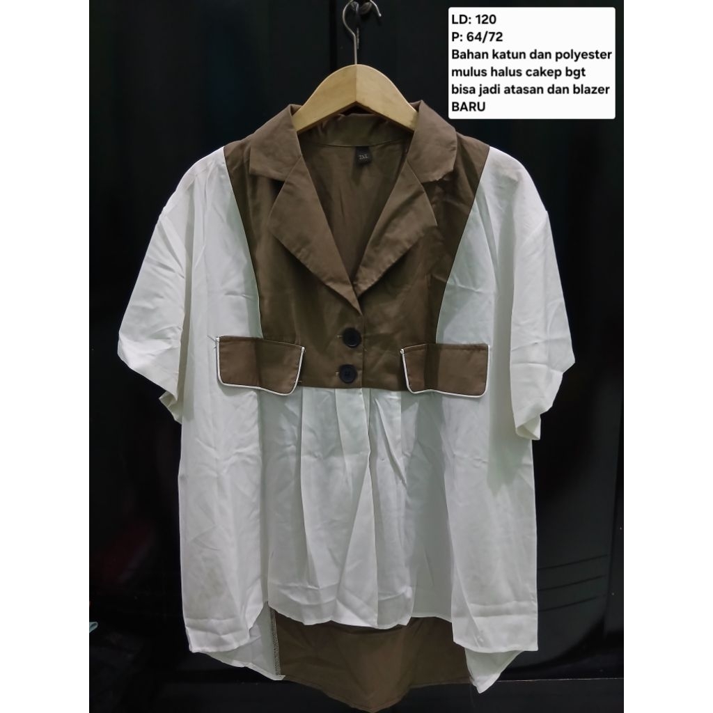 (COD)Atasan kemeja outer blazer lengan pendek wanita warna putih coklat