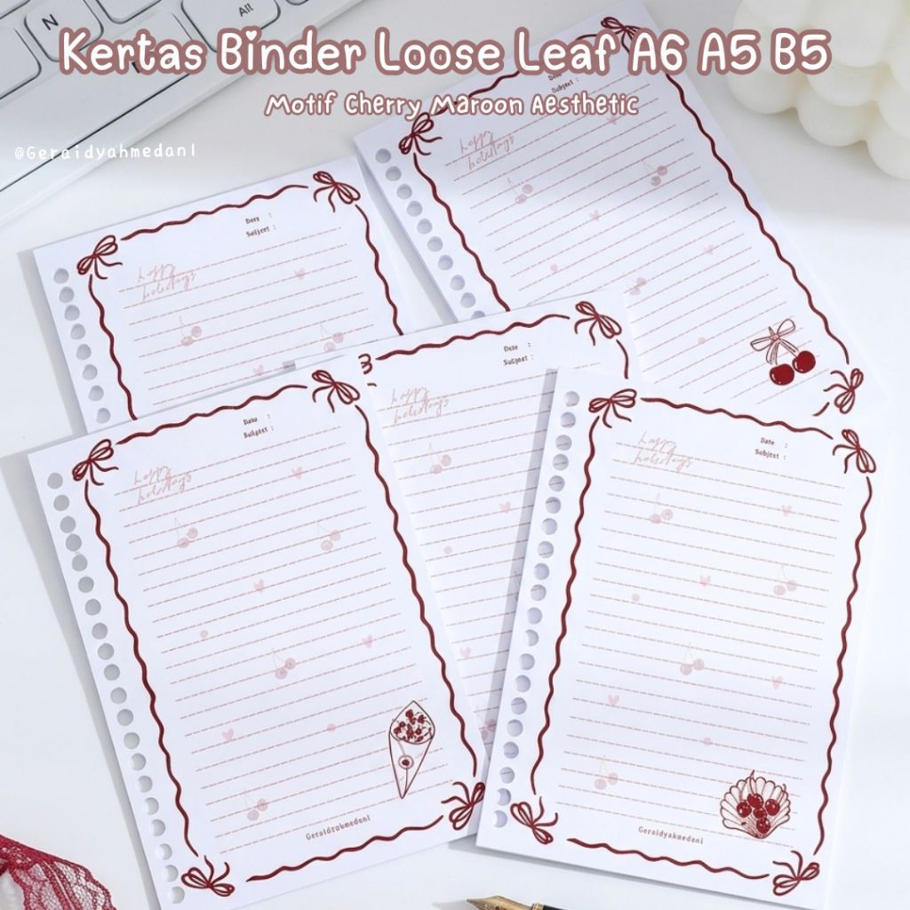 Kertas Binder Loose Leaf A6 A5 B5 Motif Cherry Maroon Aesthetic