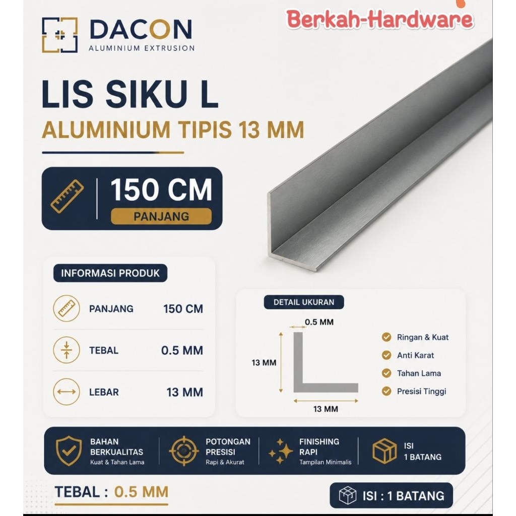 (150 CM) Lis Siku L Alumunium Tipis 13 MM Dacon | Lis Siku Alumunium