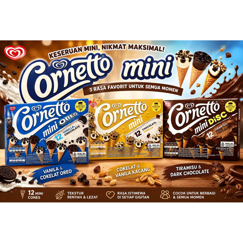 Cornetto Mini 12 Pcs Box | Es Krim Cone Mini Oreo Chocolate Vanilla Tiramisu Halal MUI