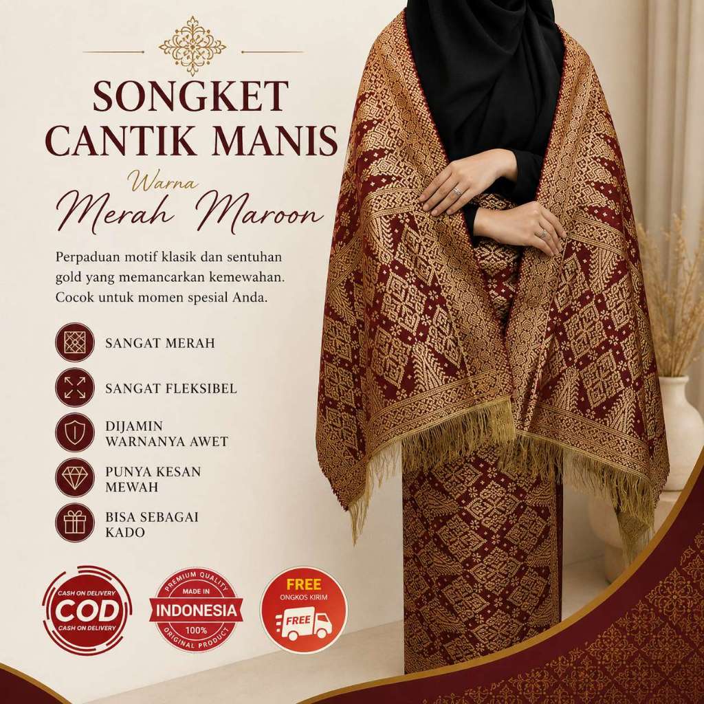 Datia Songket - Kain Songket Palembang Cantik Manis ATBM Asli Merah Maroon - Set Rok Jadi Siap Pakai