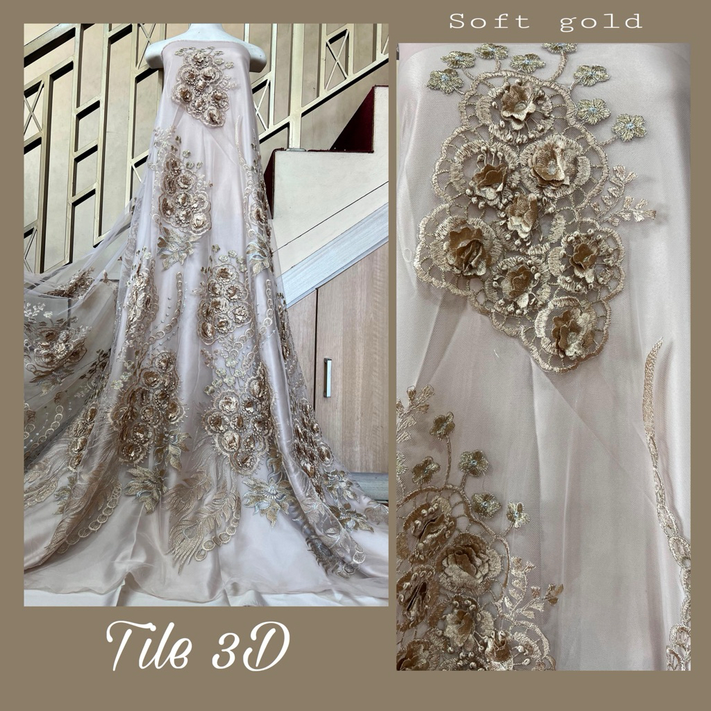 kain tile/tulle 3D motif bunga timbul, kain tile brokat, tile mutiara, tile 3D, tile akar, tile polo