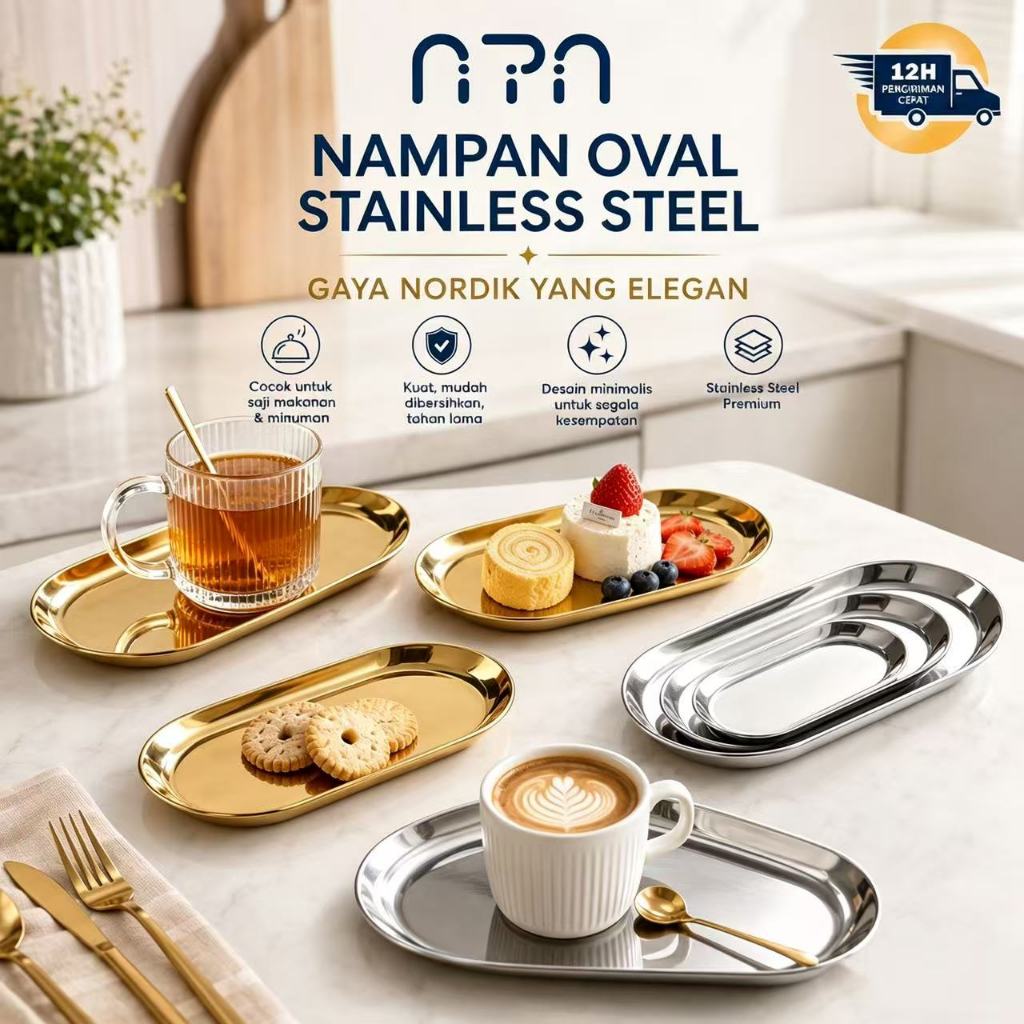 Nampan Piring Oval Emas Perak Aesthetic Stainless / Nampan Oval - Emas / Oval Gold Tray/ Nampan Cafe
