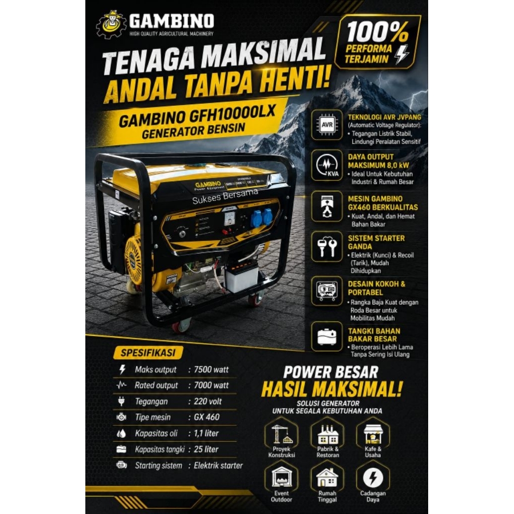 Generator / Genset Gambino Bensin GFH1000LX Double Starter (7000Watt)