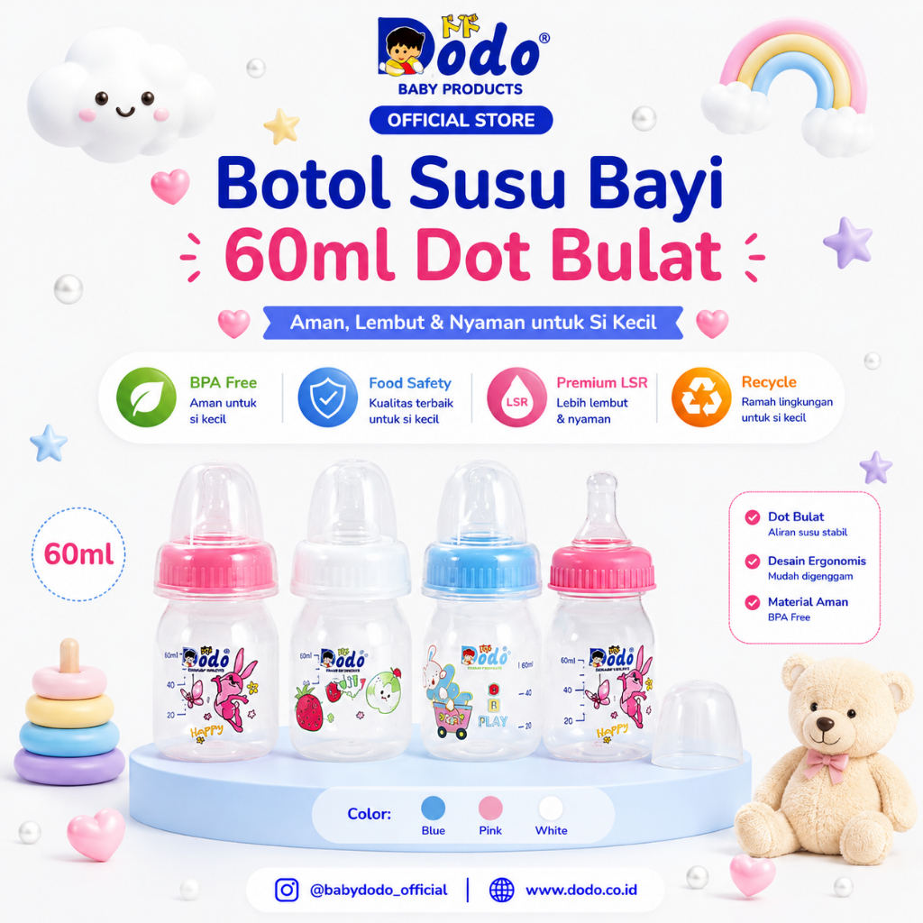 Dodo Botol Susu Bayi Pahe 60ml Dot Bulat | BPA Free | Anti Tumpah | Anti Kolik  | Botol Minum