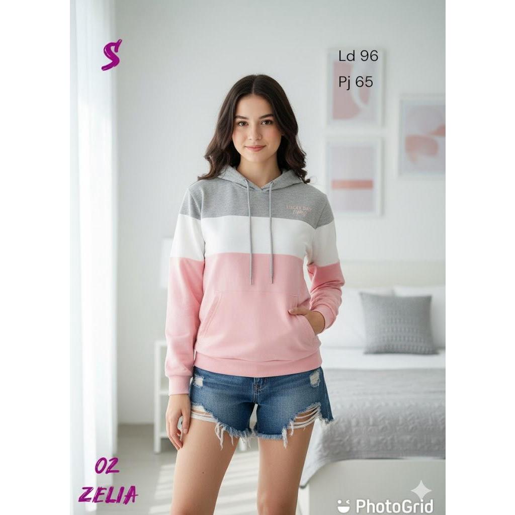Sweater Hoodie Wanita ZELIA 3 Warna Kombinasi Korean Style Premium /Jaket Hoodie Cewek Kekinian Mura