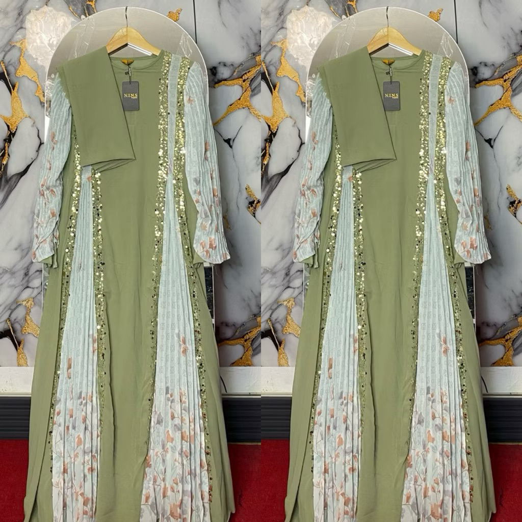 Gamis Set Syari Ceruty Babydoll Motif Bunga Busui Friendly dengan Khimar