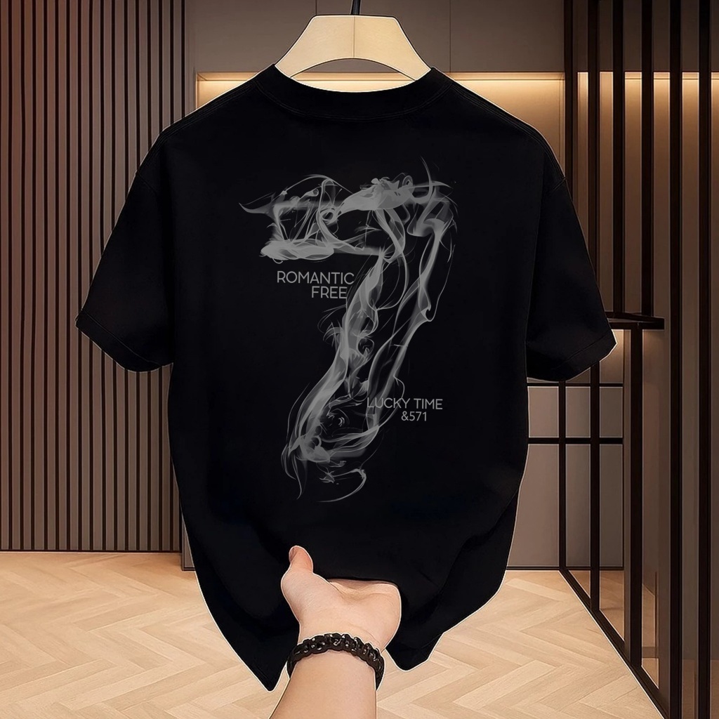 Baju Kaos Pria Oversize Unisex Motif Angka 7 Asap Aesthetic Viral
