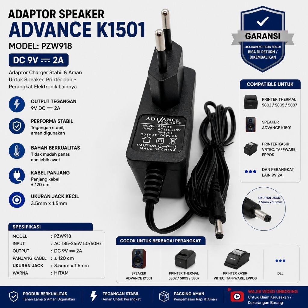 Adaptor Speaker advance K1501 Jack kecil Model: PZW918 DC 9V ===2A