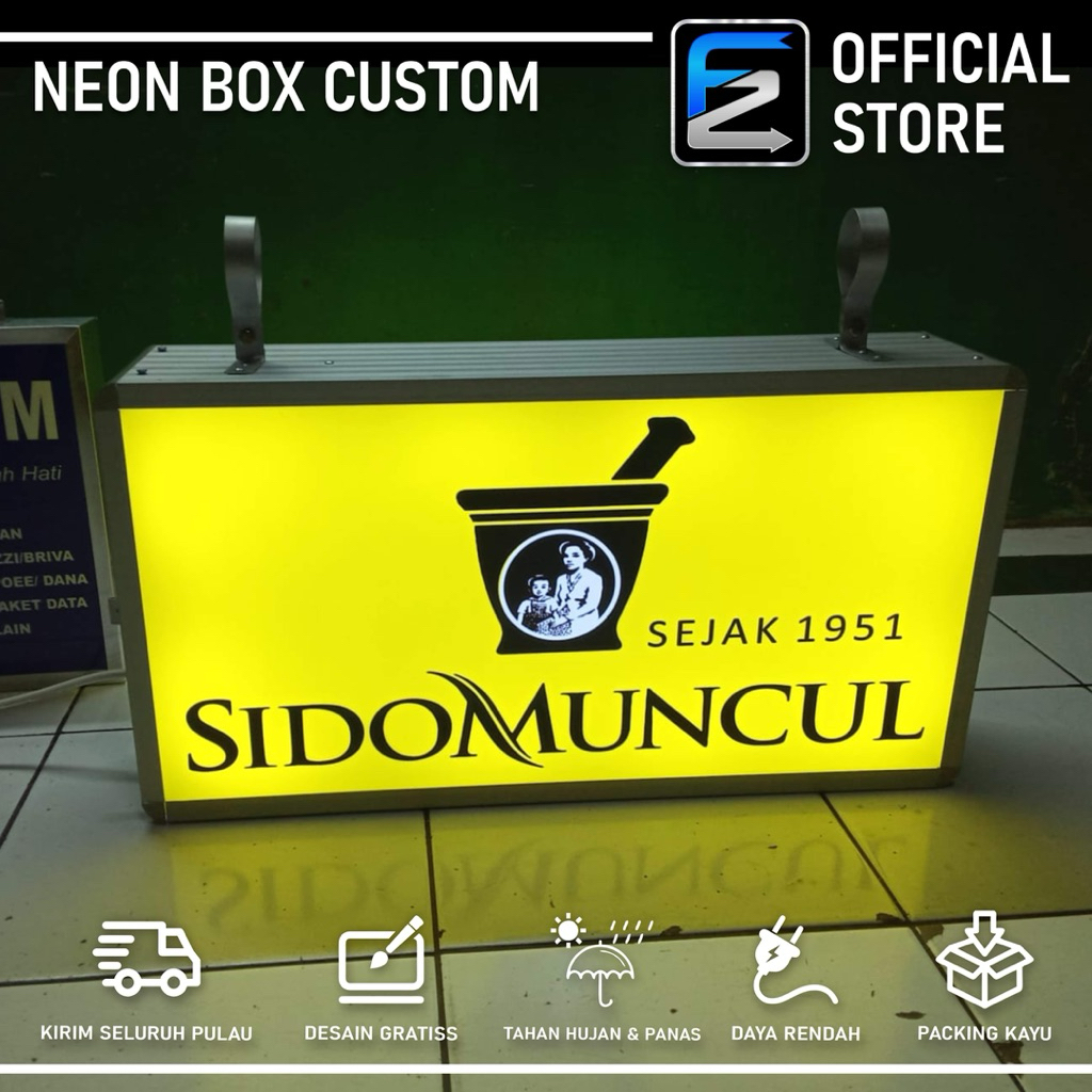 NEON BOX SIDOMUNCUL 2SISI FEREM ALMUNIUM HARGA PROMO