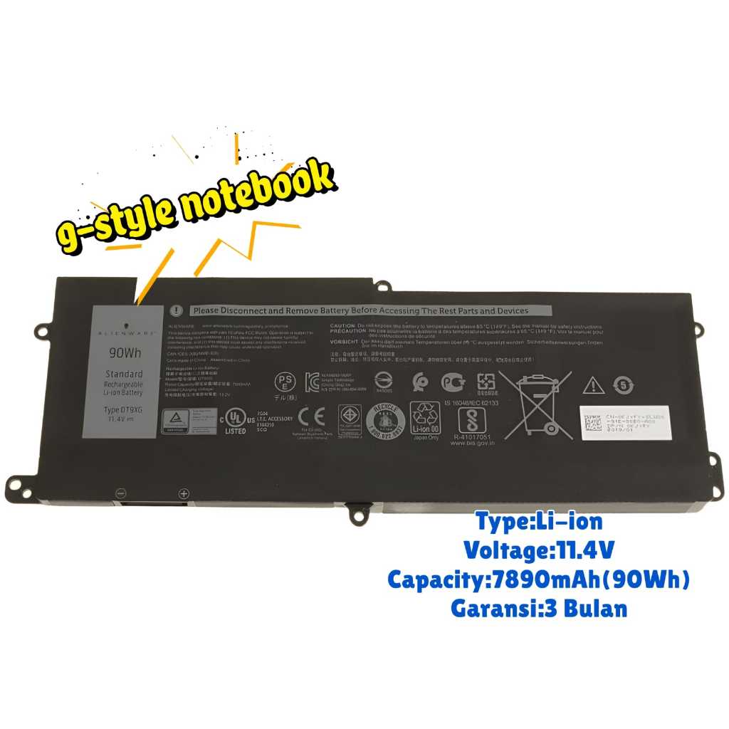 Baterai Laptop Dell Alienware DT9XG Original