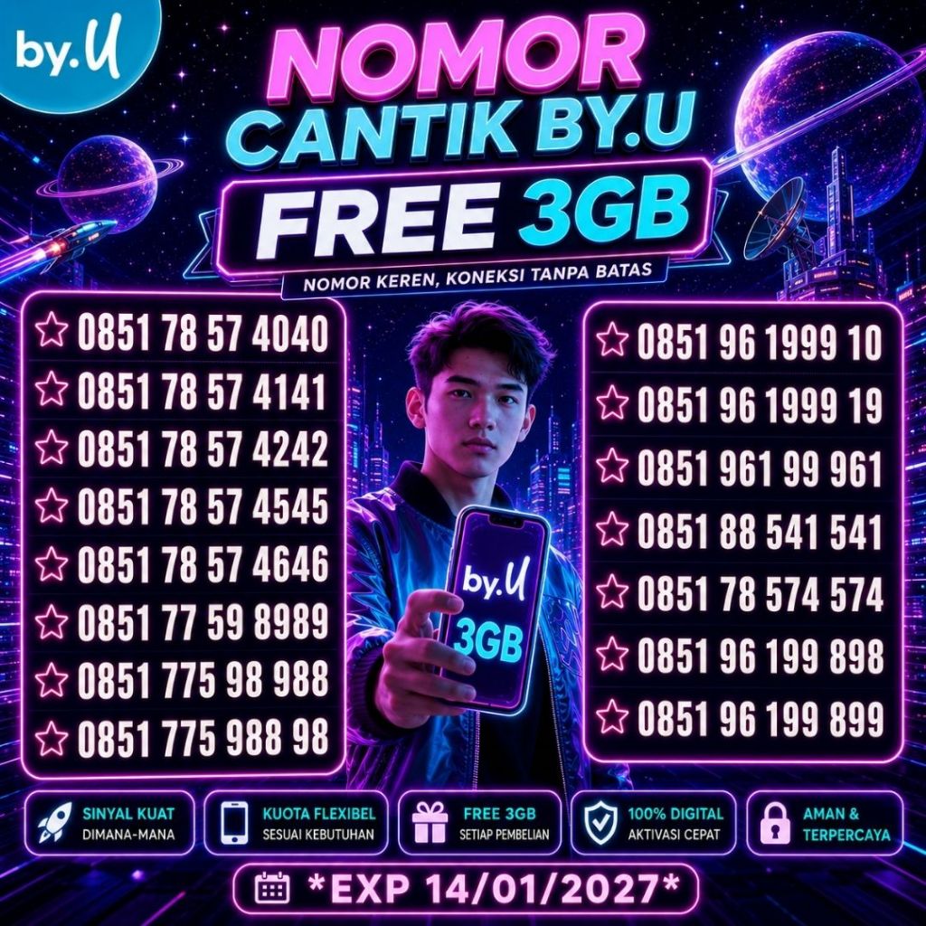 Nomor Cantik BY.U Seri 0851 96 199xxx Bonus 3GB Harga 75ribu