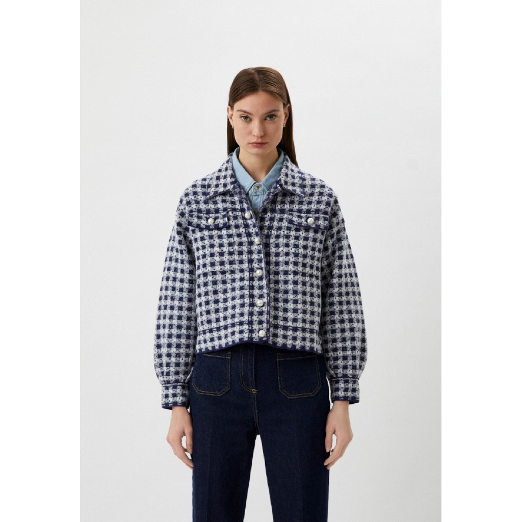 SANDRO Jayce Checked Tweed Cropped Jacket In Blue And White Cotton NEW