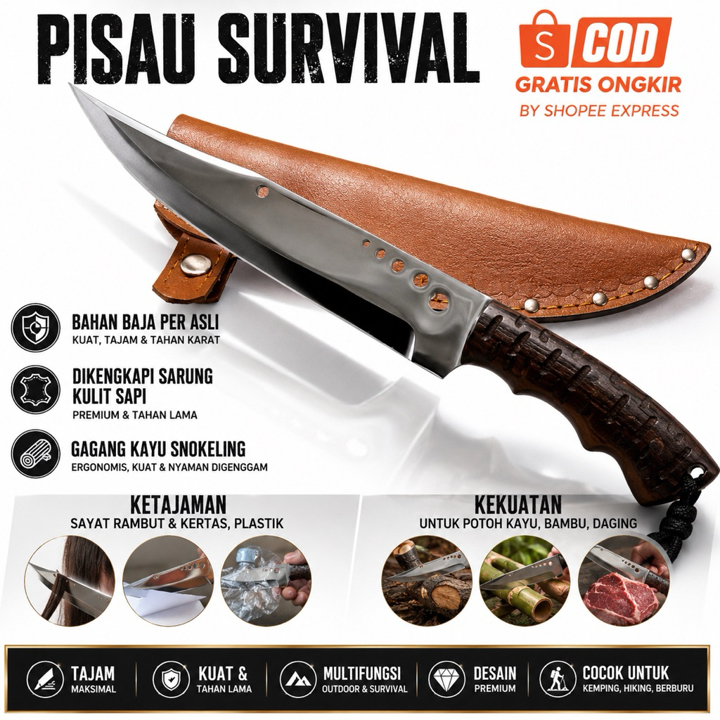 Pisau Survival Keren Untuk Berburu / survival / sembelih hewan (peralatan Survival) bonus sarung kul
