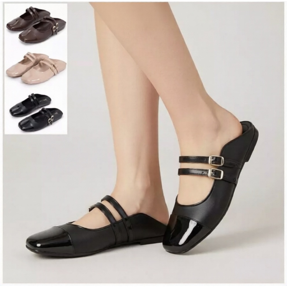 Sandal Flat Wanita PVC Glossy Premium 8082 – Sepatu Kerja Kantor Wanita Elegan, Ringan, Nyaman & Mod