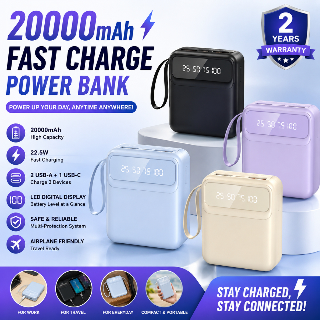 LUXIAN LENTIVEN 20000mah PowerBank Mini Size With 4 USB Fast Charging Dual Output Led Display BH498