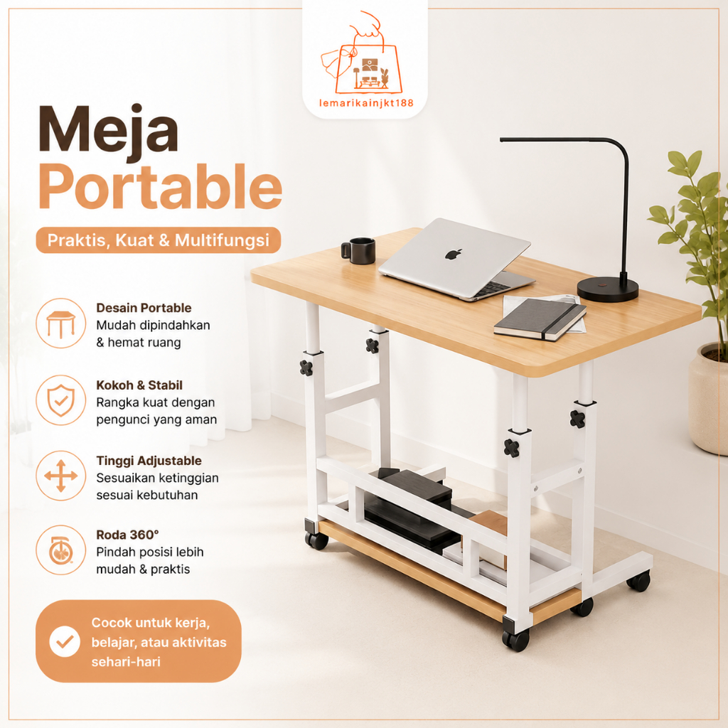 Meja Komputer Dengan Roda Table Adjustable Meja Belajar Portable Meja Kerja WFH Roda Meja malas Kama