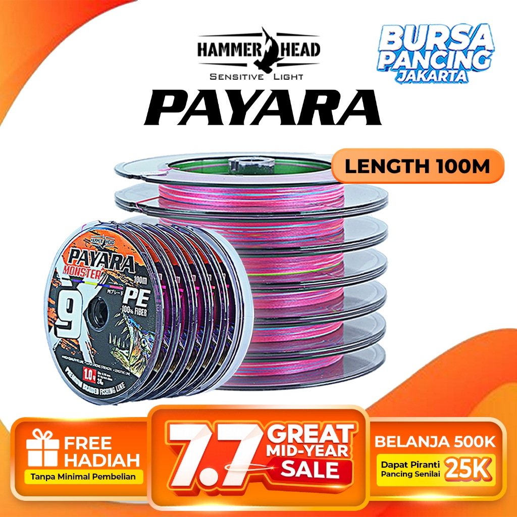 Senar PE HAMMER HEAD PAYARA MONSTER X9 100M Multi Color 100% PE Fiber Connecting Super Kuat