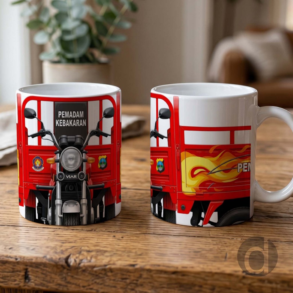 Mug Gelas Desain Motor Pemadam Kebaran Warna Merah