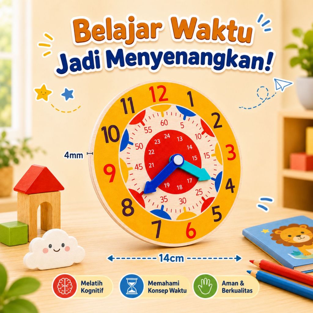 MK902 Mainan Jam Dinding Kayu Edukasi Anak Buat Belajar untuk 5/6 Tahun Sekolah TK/SD - Alat Peraga 