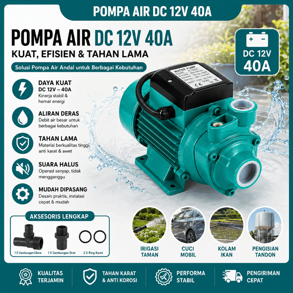 Pompa Air Tenaga Surya Aki DC 12 Volt 40 Ampere Pompa Air Sawah Kebun & Tambak Hemat Energi